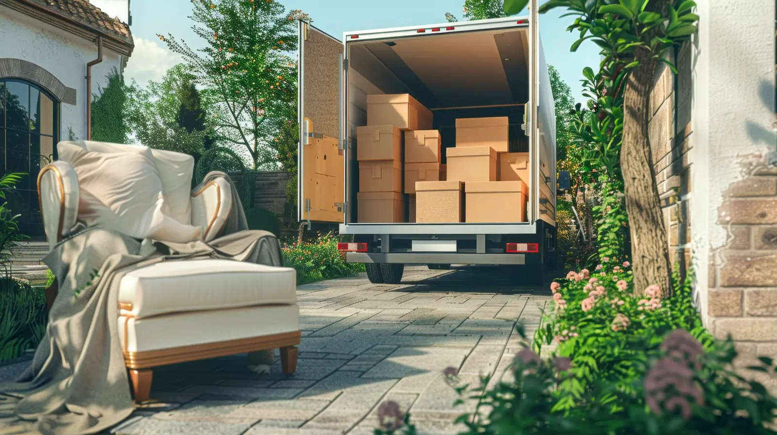 Removals van loaded with boxes on a garden driveway