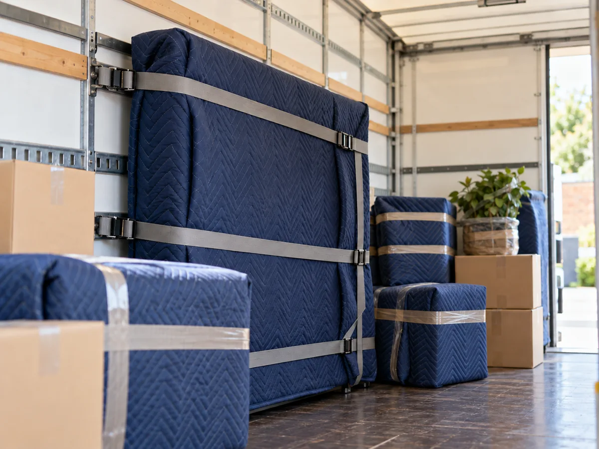TV wrapped in a moving blanket inside a removals truck